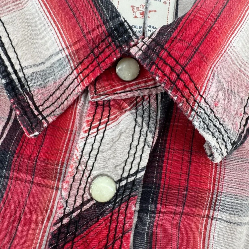 True Religion Plaid Pearl Snap Button Western Shirt Red Black White Size L *READ